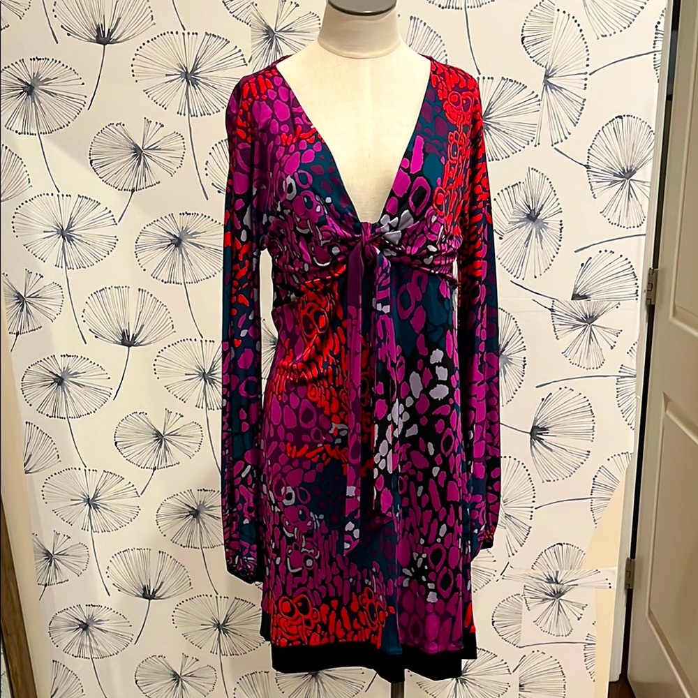 Colorful Patterned Dress, sexy deep V. Above the knee length.